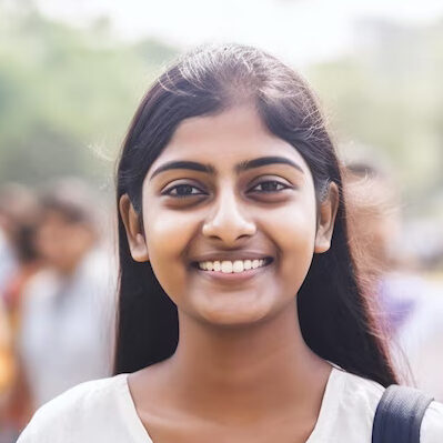 south indian college girl student is smiling wearing white shirt black pants_905085 7 e1710756779920